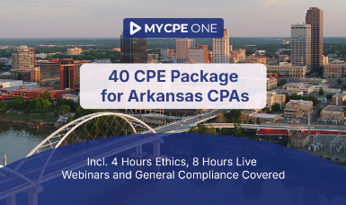 40 CPE Package for Arkansas CPAs (Incl. 4 Ethics & 8 Live, General Compliance Covered)